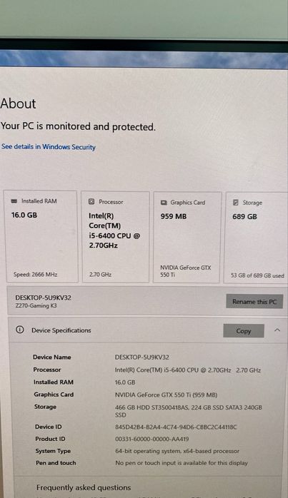 Vand PC Gaming i5-6400, 16GB RAM DDR4, SSD + HDD, GTX 550 Ti, Wi-Fi