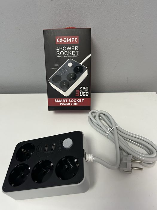 Prelungitor ALFTEC CX-314PC, 4 prize cu împământare, 3 porturi USB, cablu 2m