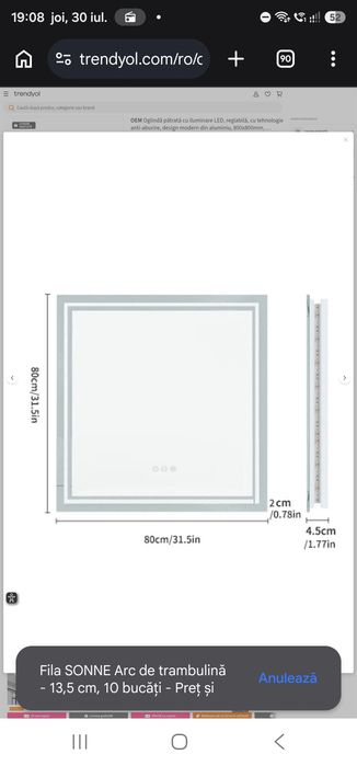 Oglindă pătrată cu iluminare LED, reglabilă, cu tehnologie anti-aburire, design modern din aluminiu, 800x800mm, argintie