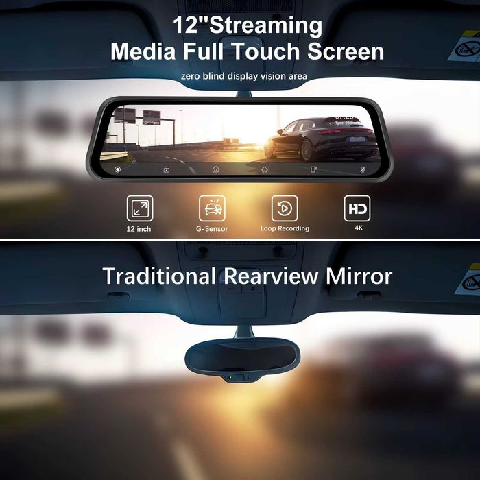 4K DVR Carplay Android auto Видеорегистратор огледало 12" AirPlay Cast