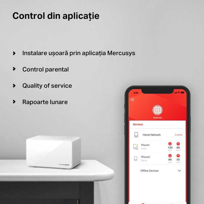 Sistem wireless Wi-Fi Mesh MERCUSYS Halo H90X AX6000, Wi-Fi 6, Dual-Band 1148 + 4804 Mbps, 2 buc, alb