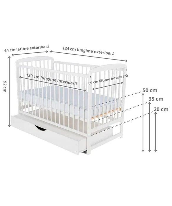 Pătuț “Ola” lemn bebe NOU + cadou saltea din cocos + cadou așternut
