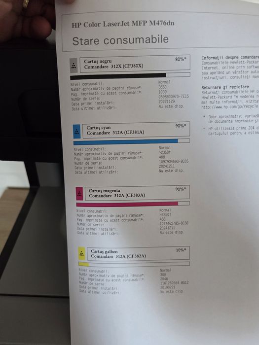 Toner imprimantă HP 
- black 2 buc. HP CF380, HP CF312
- yellow 1 buc. HP CF382