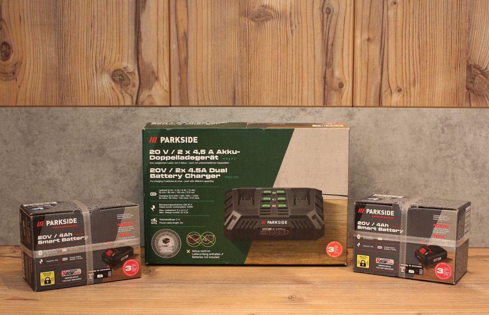 Kit Încărcător Dublu Rapid + 2 Acumulatori Smart 4Ah Parkside 20V (Noi + Garanție 3 ani)