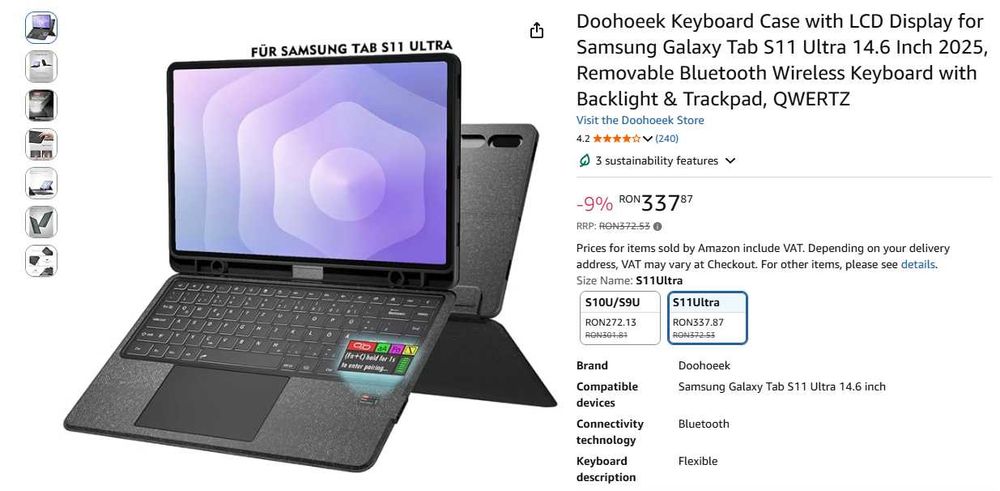 Husa tastatura iluminata Samsung Tab S11 Ultra 14.6" QWERTZ, noua