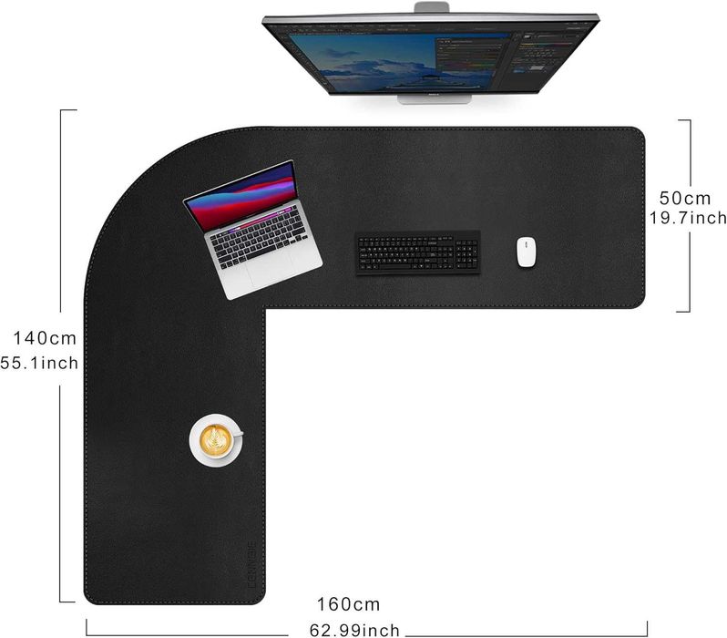 Desk Pad Birou Colț L-Shape, Piele Ecologică, 140x160cm, Negru, NOU