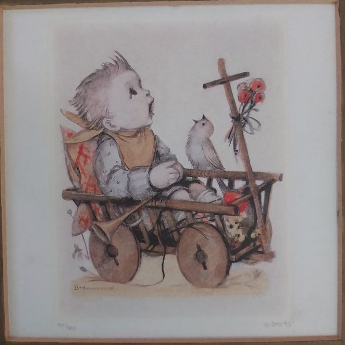 EXTREM DE RARĂ - Gravură pictată manual după M.I. HUMMEL