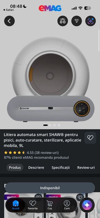 Litiera automata smart SHAW® pentru pisici, auto-curatare, sterilizare, aplicatie mobila, 9L