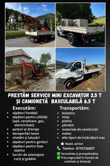 Închiriez mini excavator și camionetă 6 t