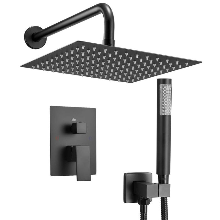 Set baterie dus incastrat cu para ploaie patrata 25,4 cm si dus de mana, brat 40,6 cm, corp alama, negru mat