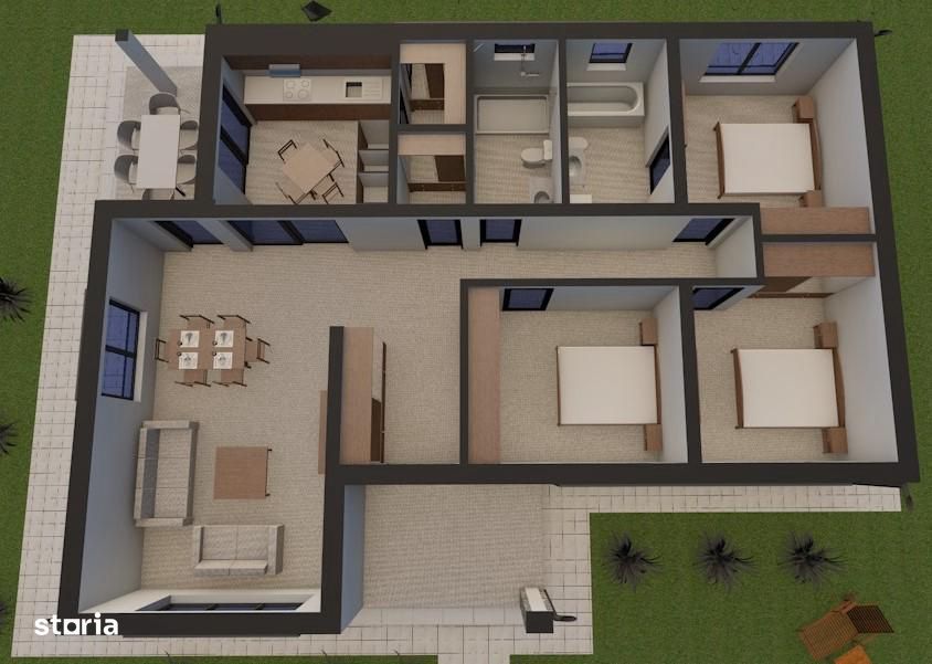 Casa moderna parter, zona excelenta – 3 camere, terasa, teren 6 arii