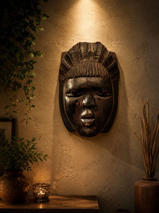 Mască africană din abanos, sculptată manual
