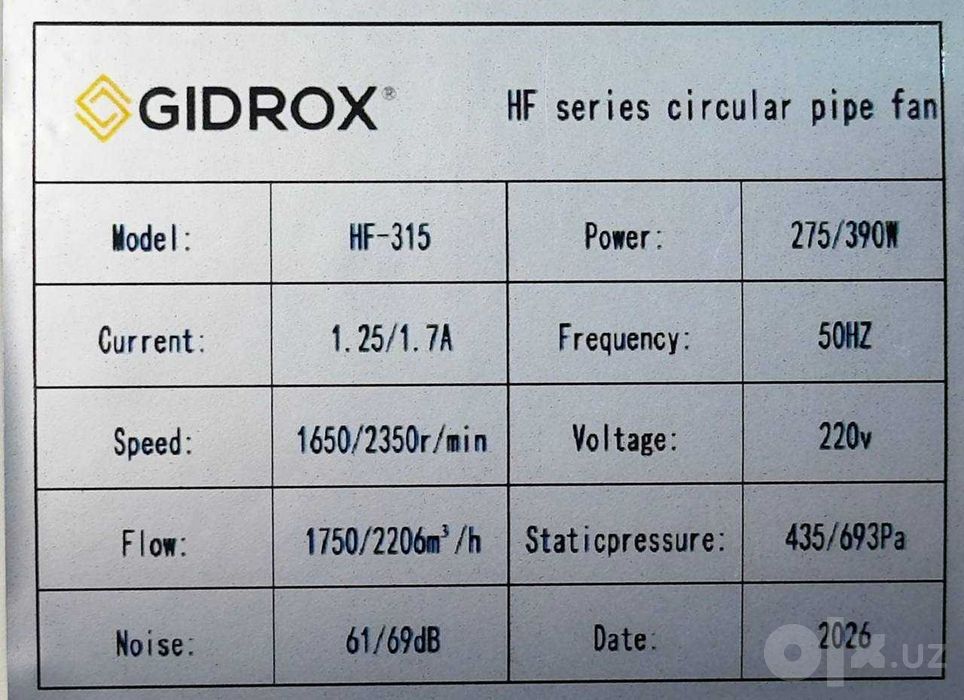 Канальные вентиляторы Gidrox Hf-315