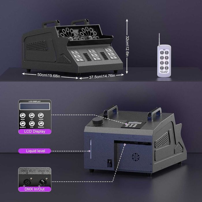 Dispozitiv de bule cu fum greu de 1500 W și telecomandă, 18 LED-uri RGB, compatibilitate DMX512, control independent al funcțiilor de fum și bule