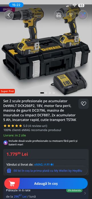 Set Bormasina + Cheie Impact De Walt DCK266P2