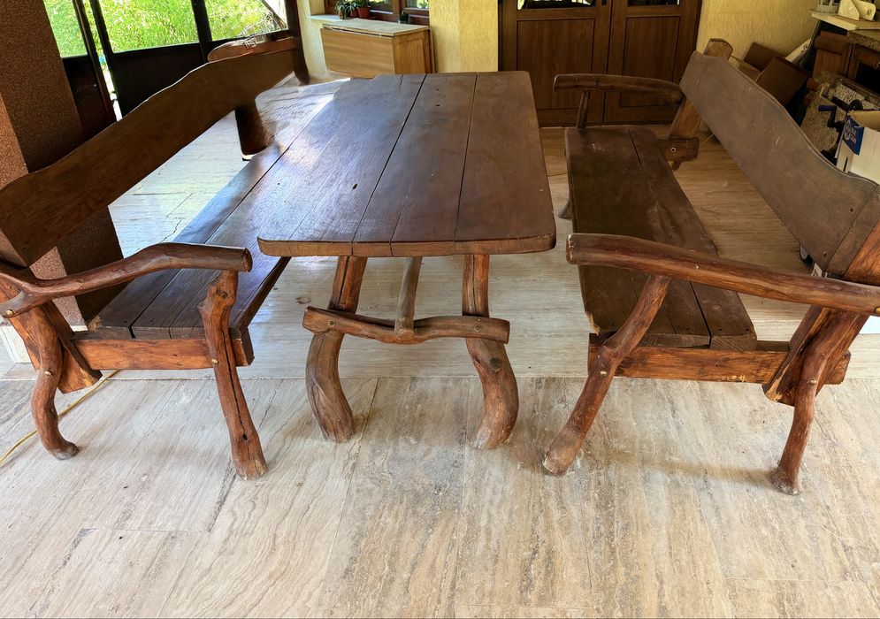 Set terasă din lemn masiv de stejar – Masă + 2 bănci | Robust, elegant și durabil!!!