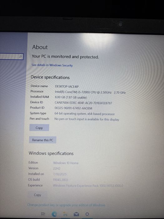 Acer i7  7200u 8gb ram