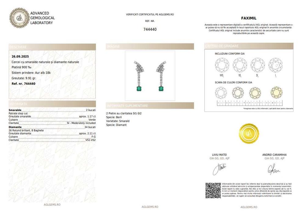 Pereche de cercei Alberto Kling (Bogota, Colombia) din platină și aur alb, decorată cu smaralde și diamante, însoțită de cutia originală