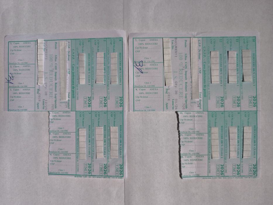 Vând 12 taloane de călătorie la CFR la clasa 1