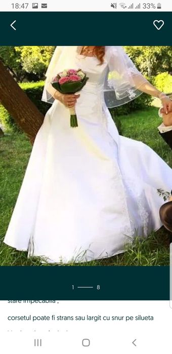 Rochie alba de mireasa, calitate superioara, saten, crinolina, voal
