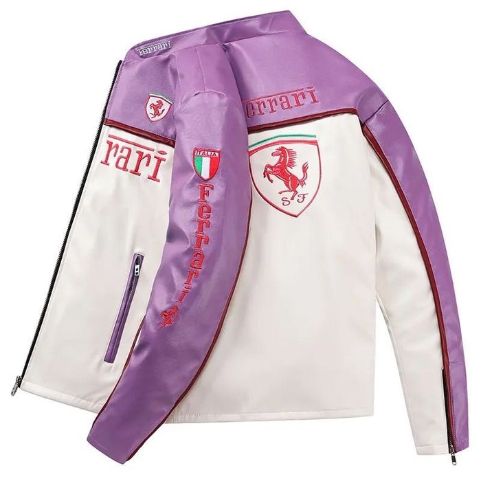 Женская легкая кожаная куртка формула 1 феррари розового цвета