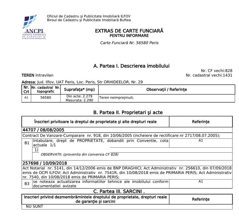 Teren intravilan 2.290 mp, Periș, Str. Orhideelor 29, deschidere 22 m la DJ 1638