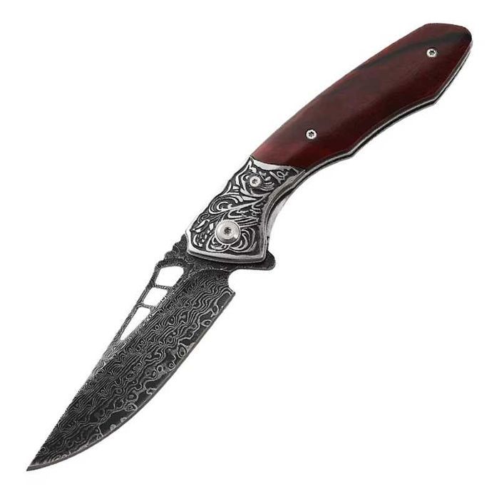 Cutit pliabil Damascus, maner lemn, fara suruburi
