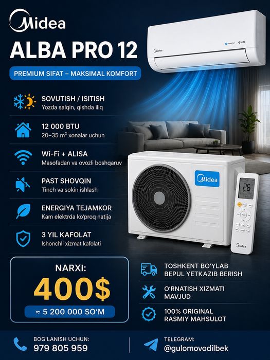 Midea ALBA PRO 12
• 12 000 BTU
• 20–35 m² xonalar uchun
• Sovutish / I