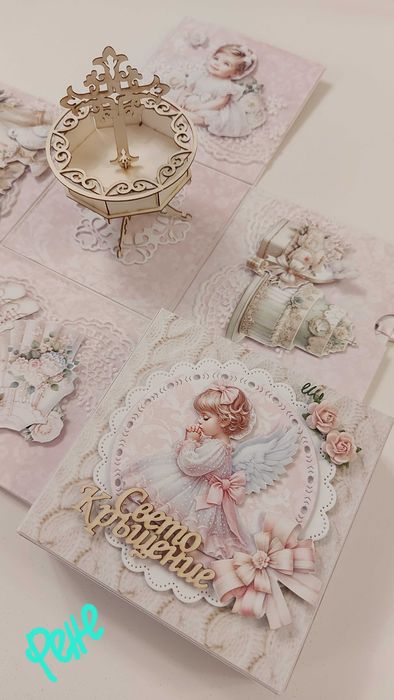 Елегантна картичка в кутия за бебе и кръщене, ръчно изработени