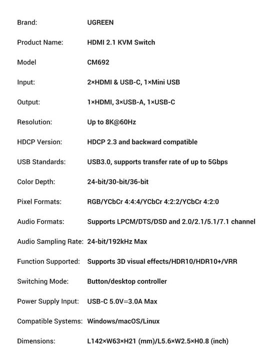 Ugreen 8K 60Hz HDMI KVM Switch USB C USB3.0