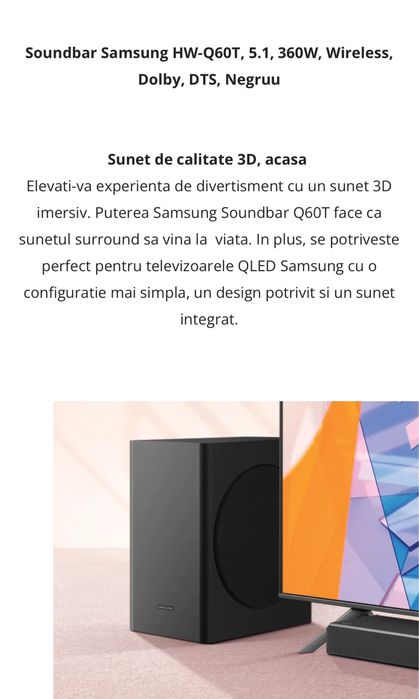 Soundbar Samsung HW-Q60T, 5.1, 360W, Wireless, Dolby, DTS, Negru