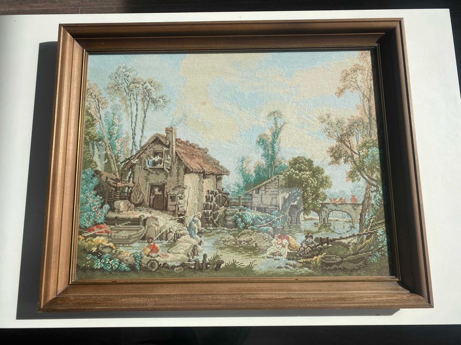 Ръчно ушит гоблен ,,Воденицата на Буше", рамкиран в луксозна рамка (81.5х65.5см)