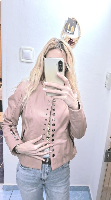 Geaca piele naturala, 38-40, roz pudrat, cu capse, Noua,  nepurtata