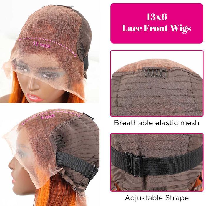 Естествена перука – кестенява с оранжеви кичури, 60 см, дантела 13х6