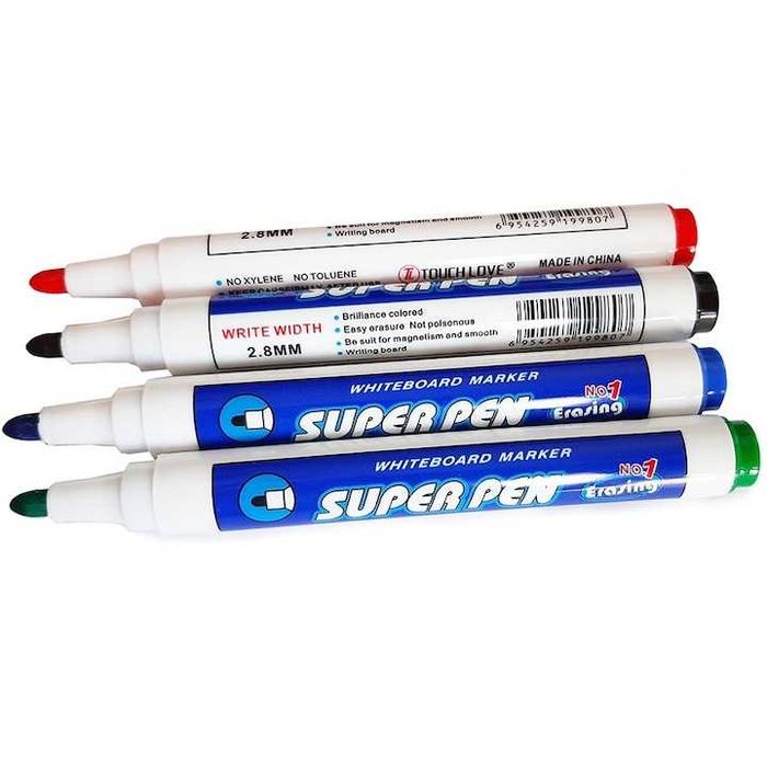 Set 4 Markere Whiteboard Lavabile Negru Albastru Rosu Verde 2.8 mm