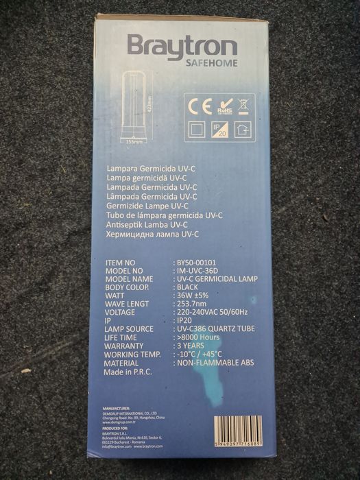 Lampă germicidă cu ultraviolete și senzor Braytron