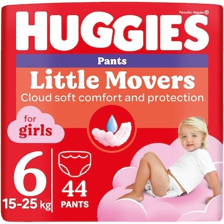 HUGGIES Little Movers Pants, mărimea 6 (15–25 kg), 44 bucăți