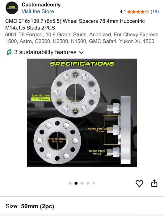 Фланци CMO 2" 6x139.7 (6x5.5) Wheel Spacers 78.4mm Hubcentric M14x1.5 Studs 2PCS
