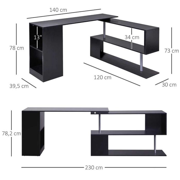 Birou Modern Forma Flexibila , 360 grade , Alb/Negru , HOMCOM