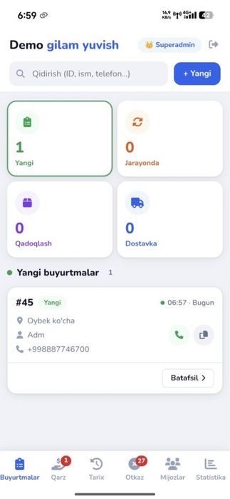 Gilam yuvish ilovasi / Приложение для службы чистки ковров