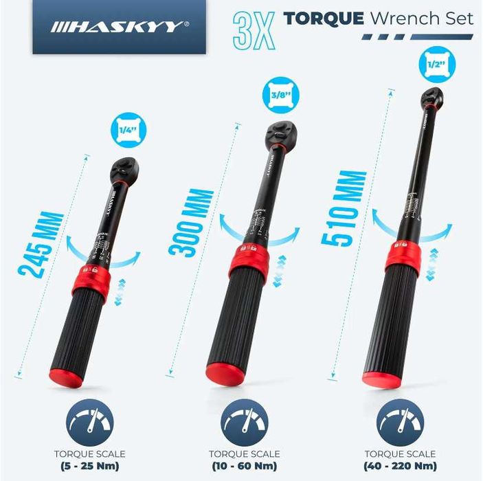Комплект динамометрични ключове 5-25 Nm / 10-60 Nm / 40-220 Nm