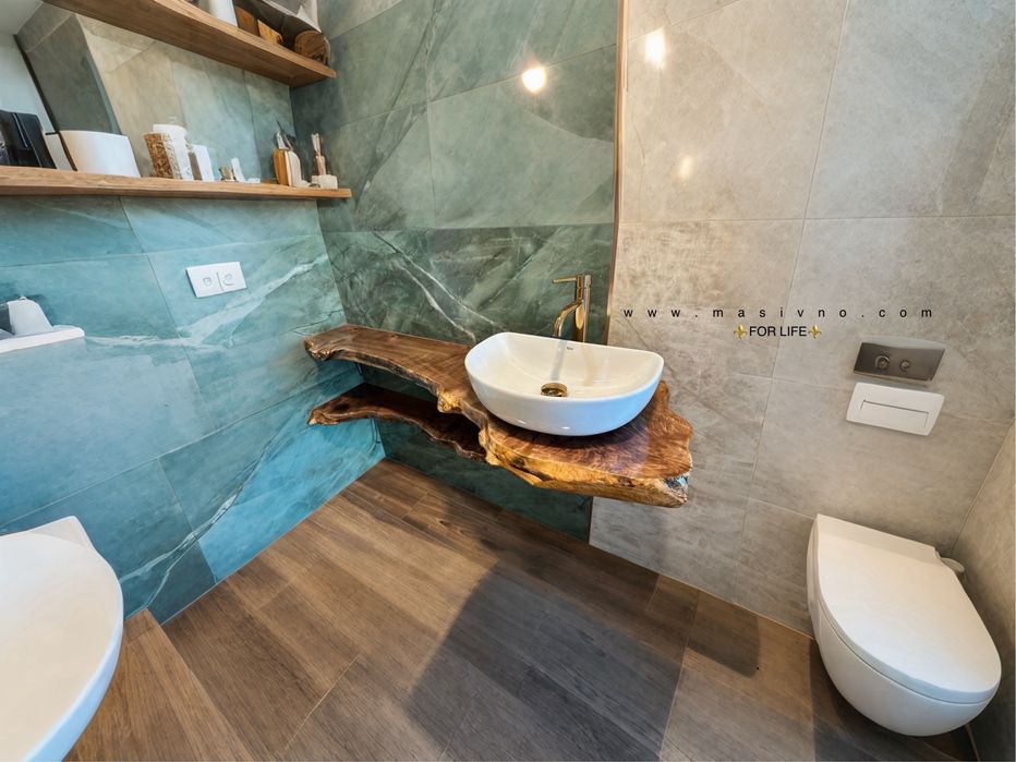 Дървен плот за баня | Плот за умивалник от естествено дърво