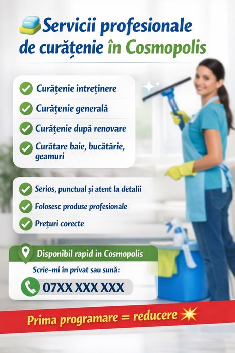 Servicii curățenie Cosmopolis – rapid și profesional