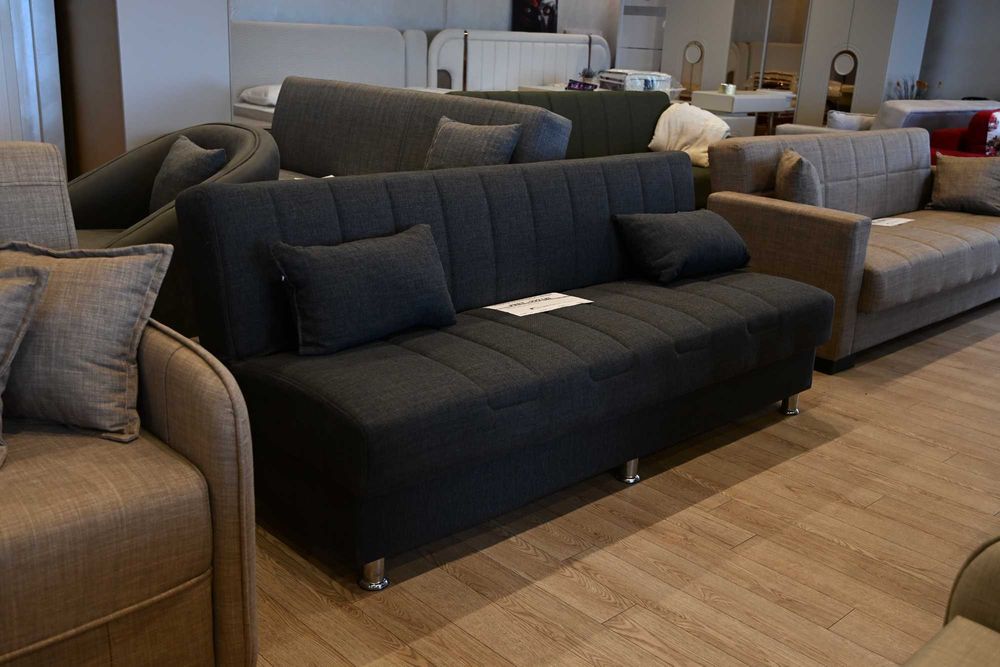 Canapea extensibilă Atena Gri, 190×88×82 cm, pat 102 × 190 cm, sistem click-clack, arcuri Bonell și spațiu de depozitare integrat. Mobila Mega