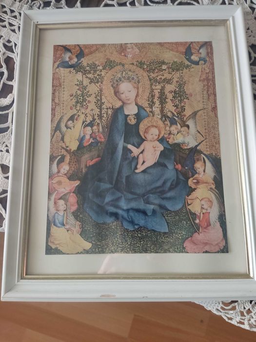 Стара медна икона,голям дървен кръст с бронз-Разпятието,икона Мадоната