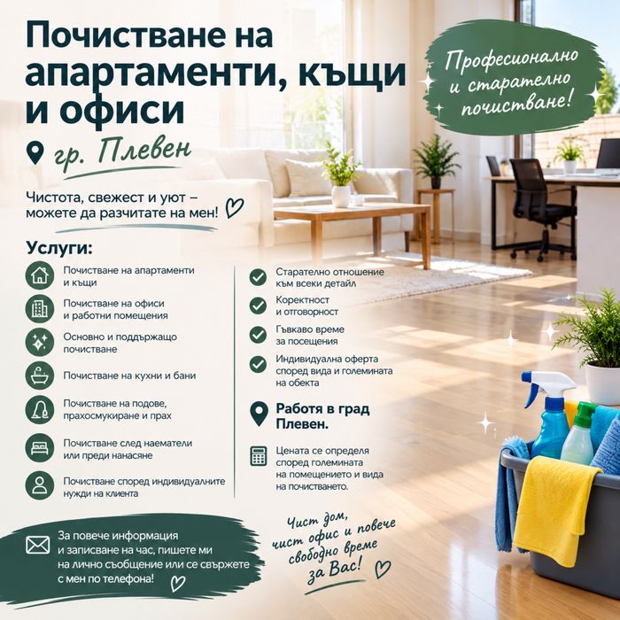 Почистване на апартаменти, къщи и офиси – гр. Плевен