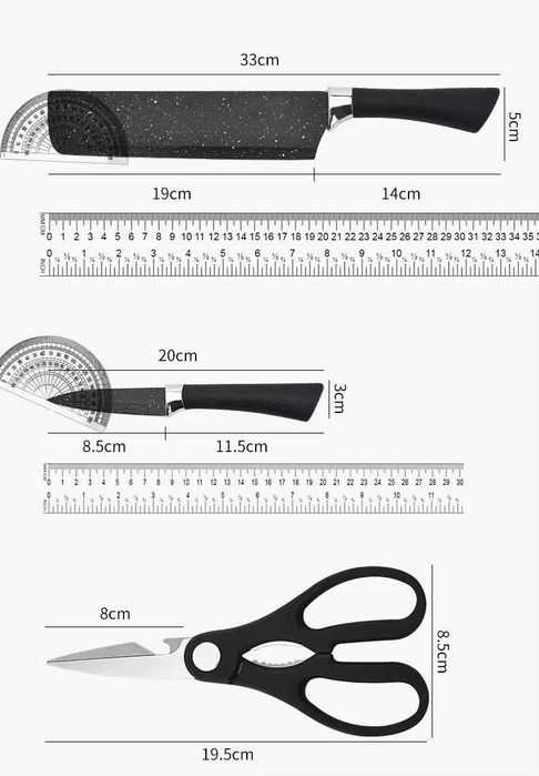 ПРОМО!! Комплект Кухненски Ножове 6в1, 4 броя ножове, Ножица, Белачка