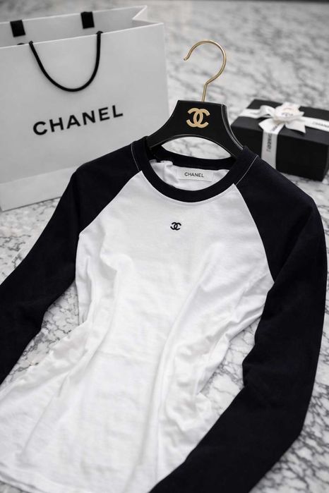 черно-бяла блуза шанел с дълъг ръкав нова памучна топ качество chanel