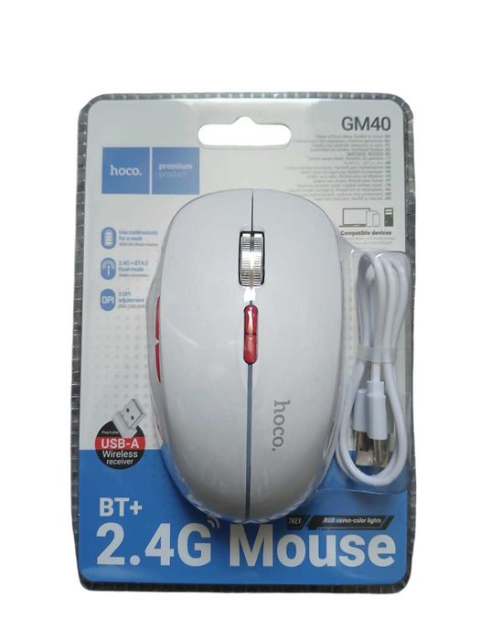 Mouse Wireless HOCO GM40 Dixon RGB, 2.4G + Bluetooth, 400mAh, 7 Butoane, Alb