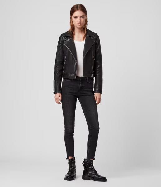 AllSaints Conroy Дамско Кожено яке Aгнешка Кожа Черно Сиво Small UK 8